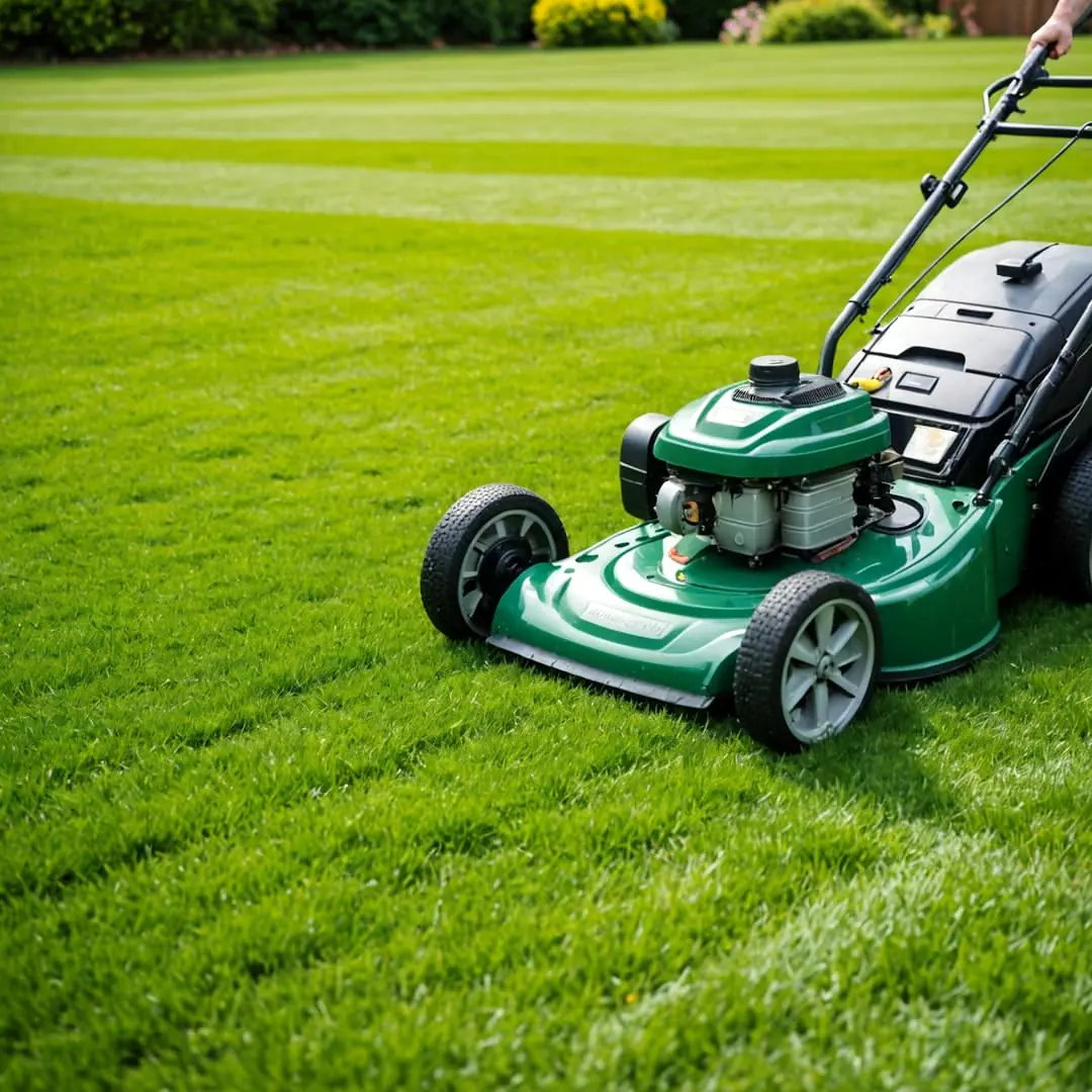 Professional lawnmower creating a clean striped finish on healthy turf