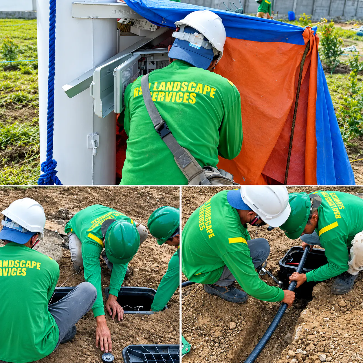RSN irrigation crew installing controller equipment and underground pipework