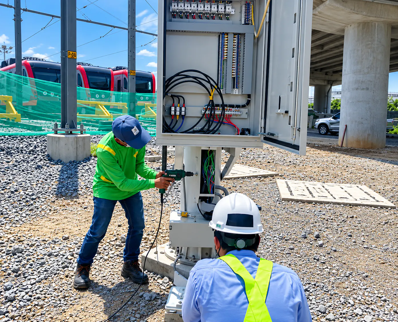 RSN technicians installing and testing a large outdoor irrigation control cabinet