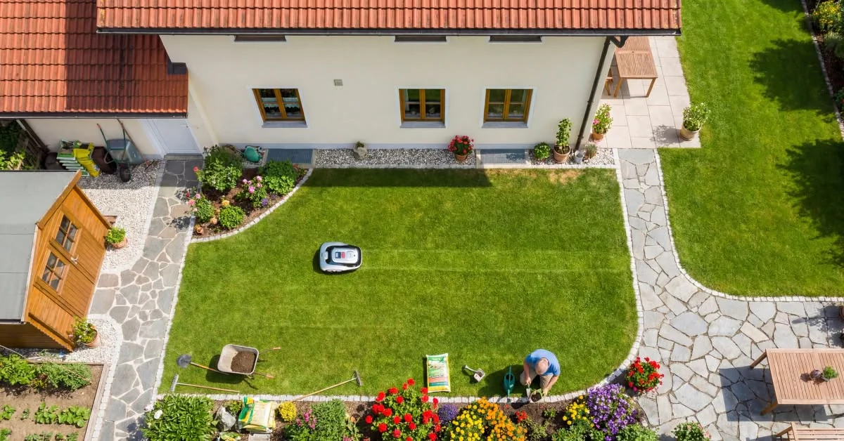 Aerial view of professional garden and lawn maintenance