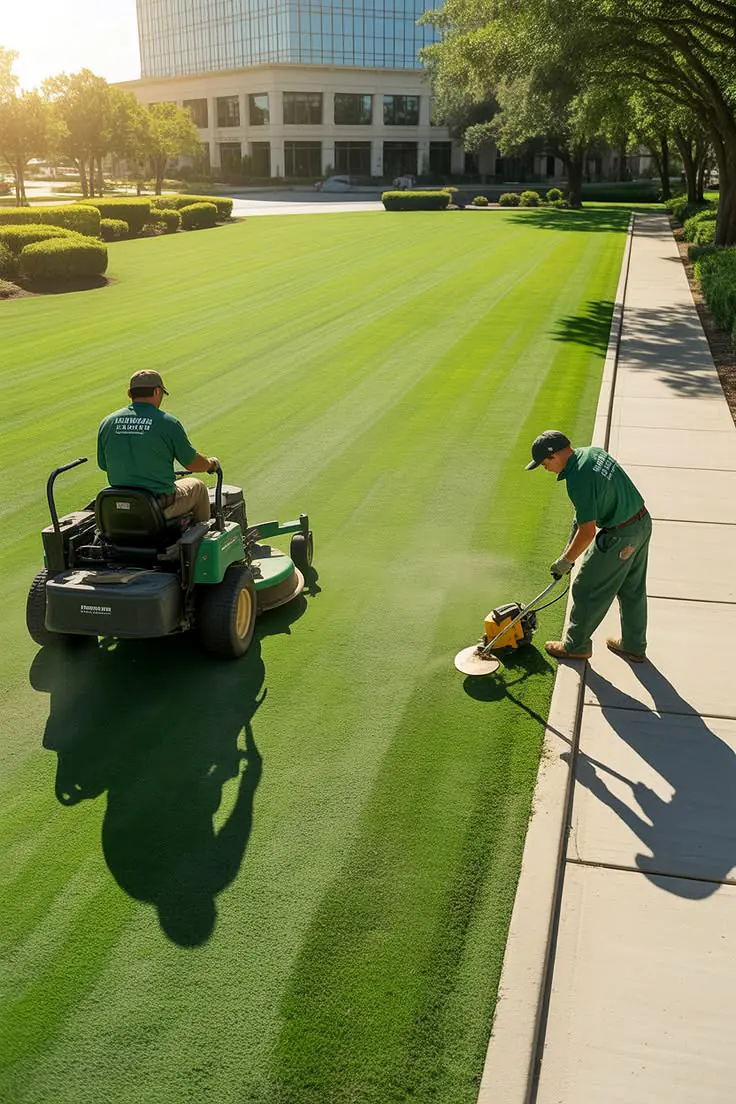 Commercial turf and lawn care team maintaining expansive grounds