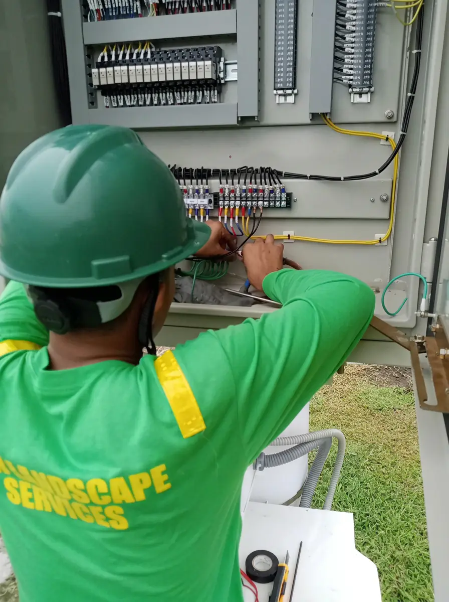 RSN technician working on an irrigation control cabinet