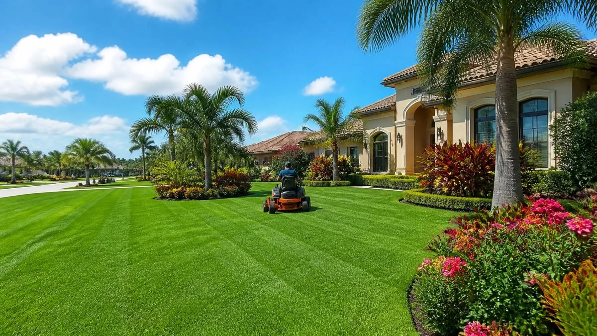 Landscaping team maintaining a spacious residential lawn