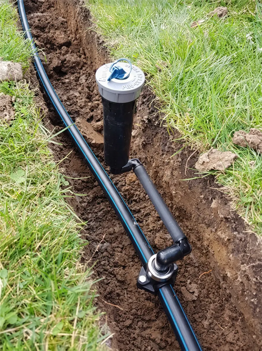 Close-up of a lawn sprinkler head and irrigation line installation