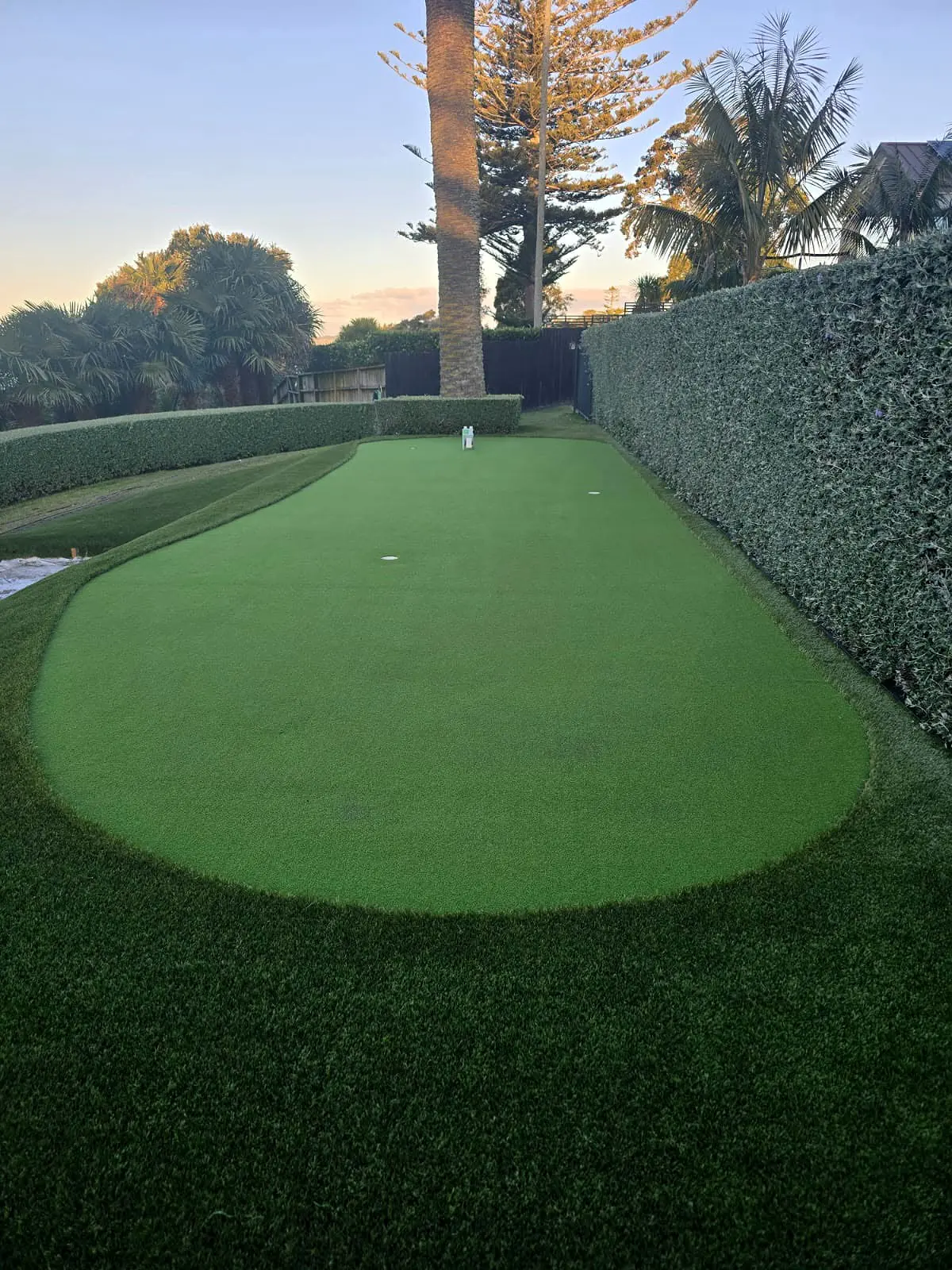 Finished mini golf putting surface framed by maintained hedges