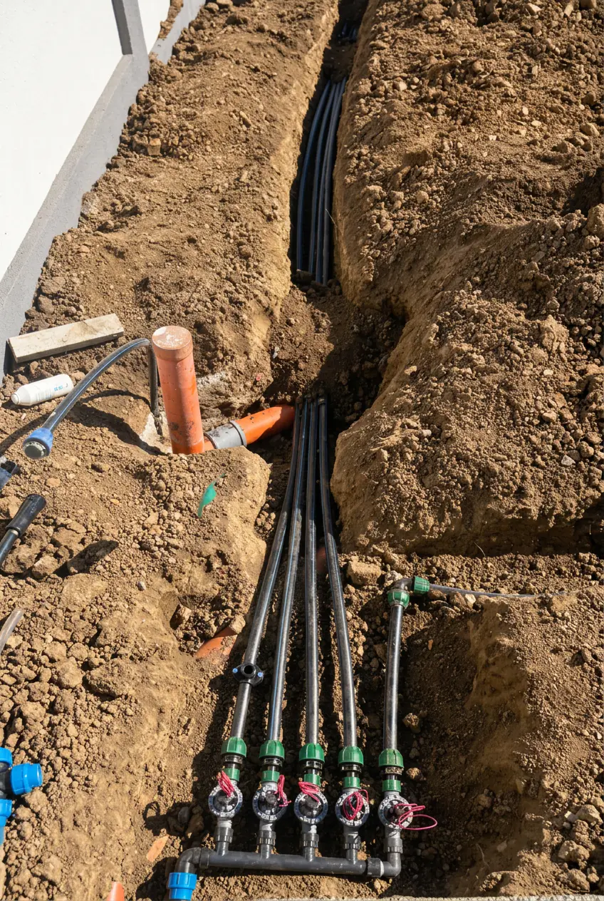 Irrigation pipes and zoned valve manifold installed in a trench