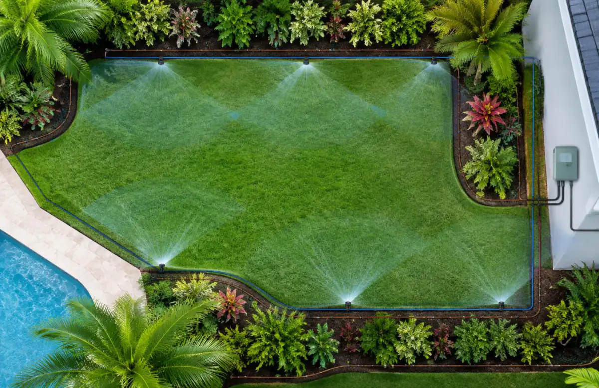 Landscaped lawn showing irrigation zones, sprinkler heads and drip lines